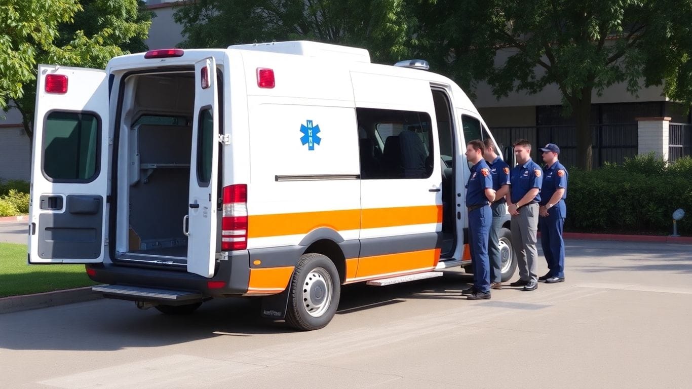 Ambulância tipo A com equipe médica em frente.