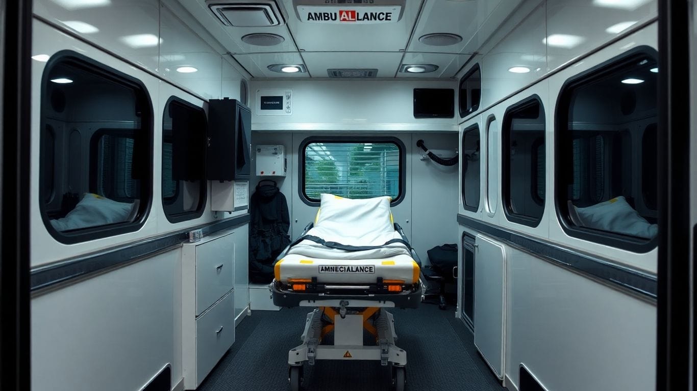 Interior de ambulância tipo A com maca e equipamentos médicos.