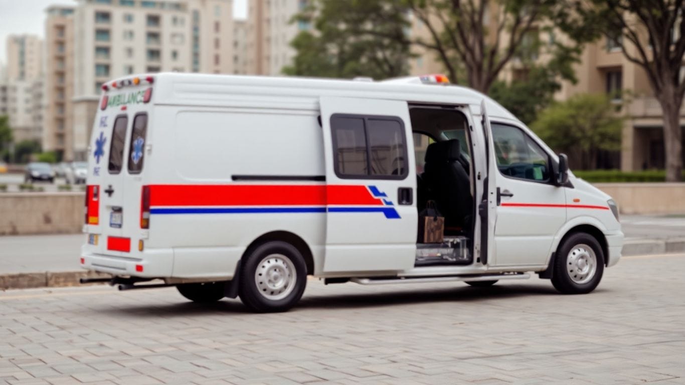 Ambulância branca em ambiente urbano.